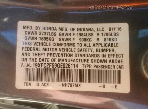 19XFC2F59GE026114 2016 HONDA CIVIC Gray Vista de la etiqueta del VIN