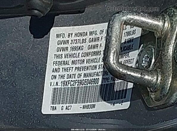 19XFC2F59GE046900 2016 HONDA CIVIC Gray Widok komory silnika