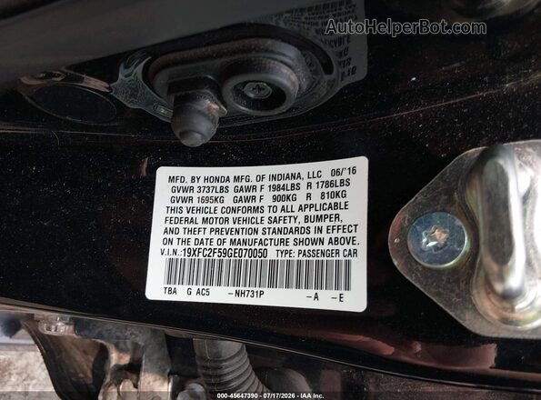 19XFC2F59GE070050 2016 HONDA CIVIC Black Շարժիչի բաժամունքի տեսք