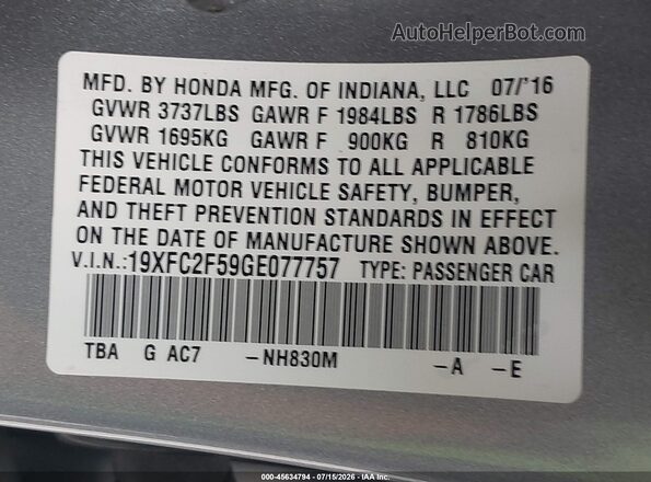 19XFC2F59GE077757 2016 HONDA CIVIC Silver Widok komory silnika