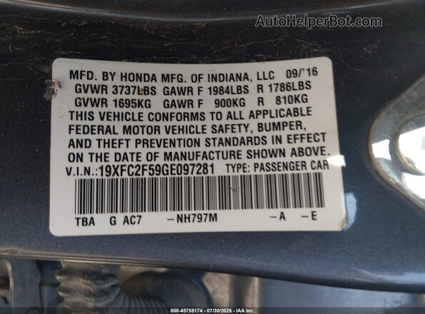19XFC2F59GE097281 2016 HONDA CIVIC Gray Вид підкапотного простору