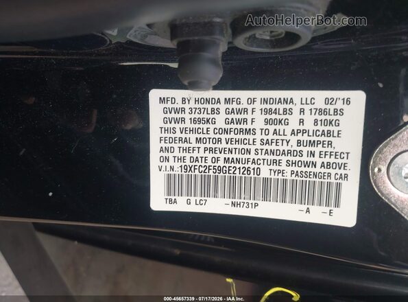 19XFC2F59GE212610 2016 HONDA CIVIC Black Widok komory silnika
