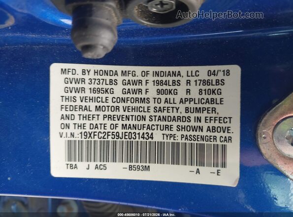 19XFC2F59JE031434 2018 HONDA CIVIC Синий Вид подкапотного пространства
