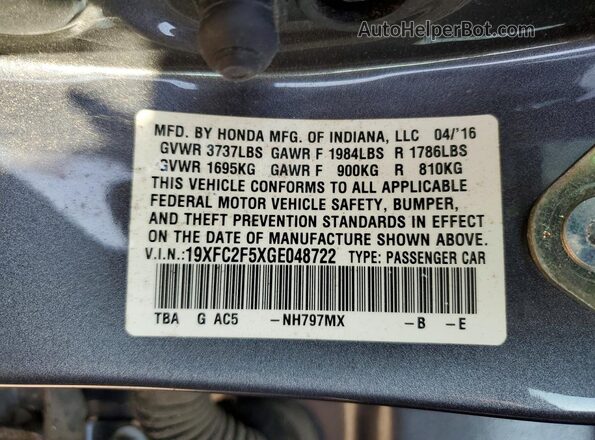 19XFC2F5XGE048722 2016 HONDA CIVIC Gray Вид підкапотного простору