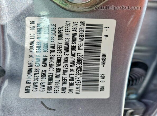 19XFC2F5XGE099587 2016 HONDA CIVIC Silver Vista de la etiqueta del VIN