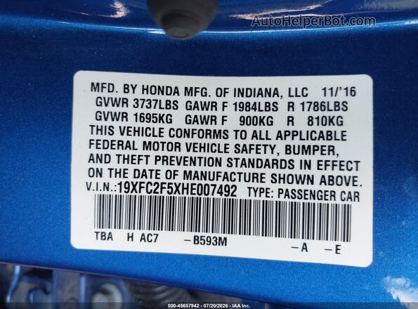 19XFC2F5XHE007492 2017 HONDA CIVIC Blue Engine compartment view