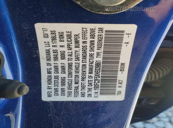 19XFC2F5XHE039861 2017 HONDA CIVIC Blue ძრავის განყოფილების ხედი