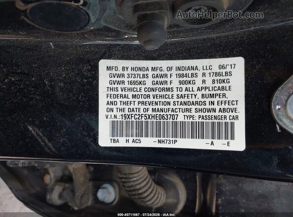 19XFC2F5XHE063707 2017 HONDA CIVIC Black ძრავის განყოფილების ხედი