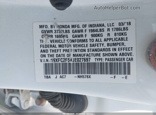 19XFC2F5XJE027697 2018 HONDA CIVIC White Вид підкапотного простору