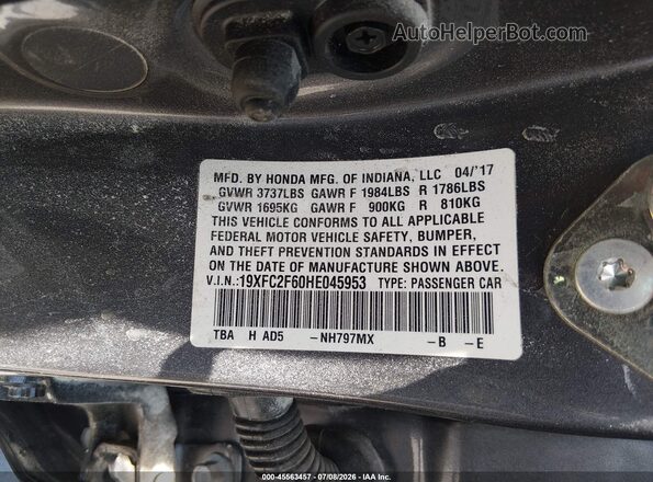 19XFC2F60HE045953 2017 HONDA CIVIC Gray Vista del compartimento del motor