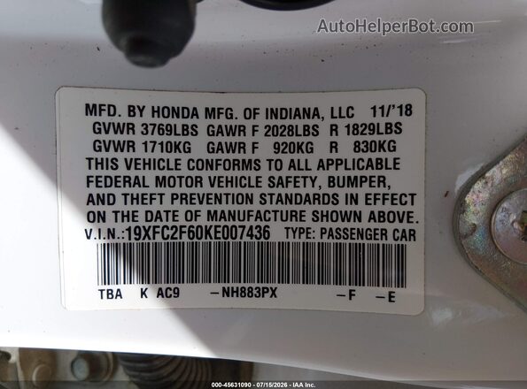 19XFC2F60KE007436 2019 HONDA CIVIC White Շարժիչի բաժամունքի տեսք