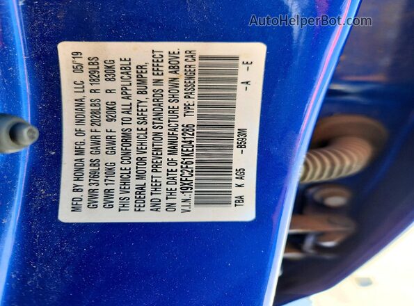 19XFC2F61KE041286 2019 HONDA CIVIC Blue Vista de la etiqueta del VIN