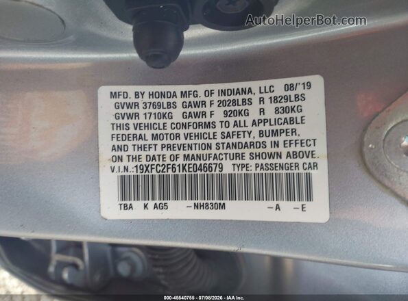 19XFC2F61KE046679 2019 HONDA CIVIC Silver Engine compartment view