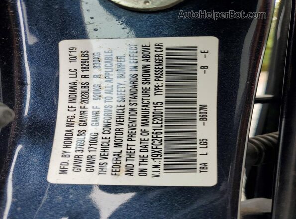 19XFC2F61LE200115 2020 HONDA CIVIC Blue Vista del compartimento del motor