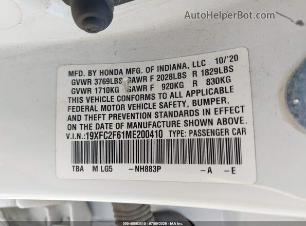 19XFC2F61ME200410 2021 HONDA CIVIC White Vista del compartimento del motor