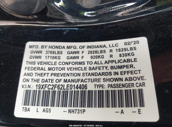 19XFC2F62LE014406 2020 HONDA CIVIC Черный Вид подкапотного пространства