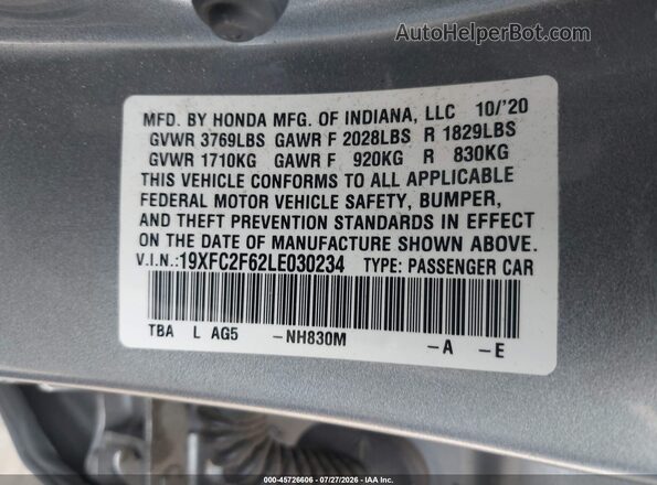 19XFC2F62LE030234 2020 HONDA CIVIC Серебряный Вид подкапотного пространства