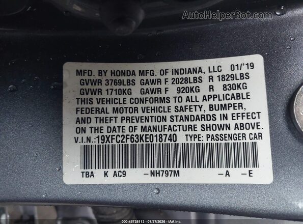 19XFC2F63KE018740 2019 HONDA CIVIC Gray Vista del compartimento del motor