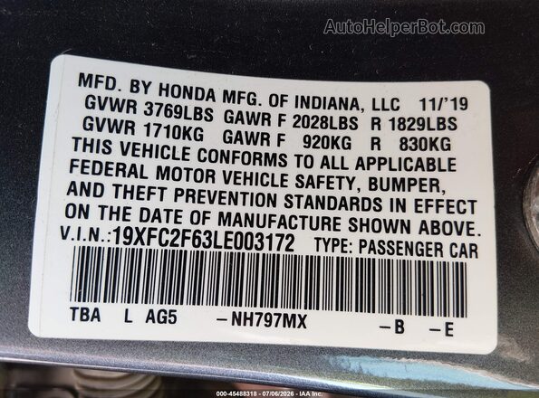 19XFC2F63LE003172 2020 HONDA CIVIC Gray Widok komory silnika