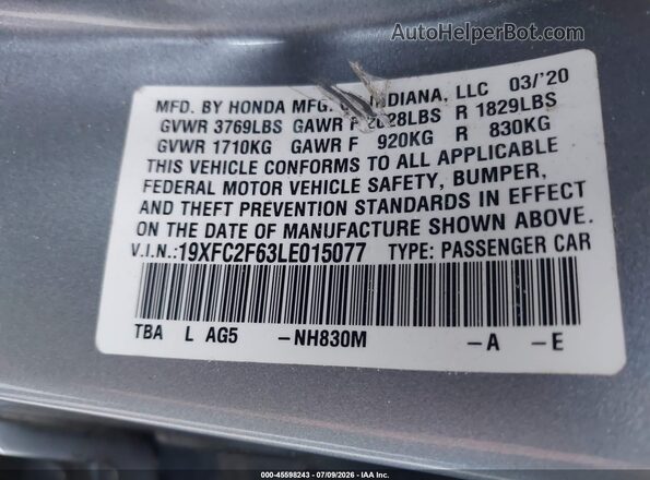 19XFC2F63LE015077 2020 HONDA CIVIC Blue Շարժիչի բաժամունքի տեսք