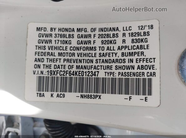 19XFC2F64KE012347 2019 HONDA CIVIC White ძრავის განყოფილების ხედი