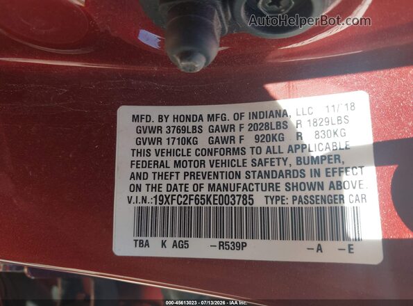 19XFC2F65KE003785 2019 HONDA CIVIC Red Vista del compartimento del motor