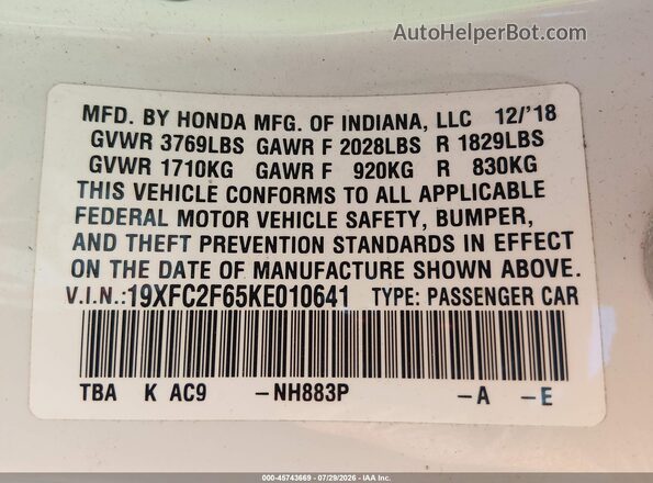 19XFC2F65KE010641 2019 HONDA CIVIC White Vista del compartimento del motor