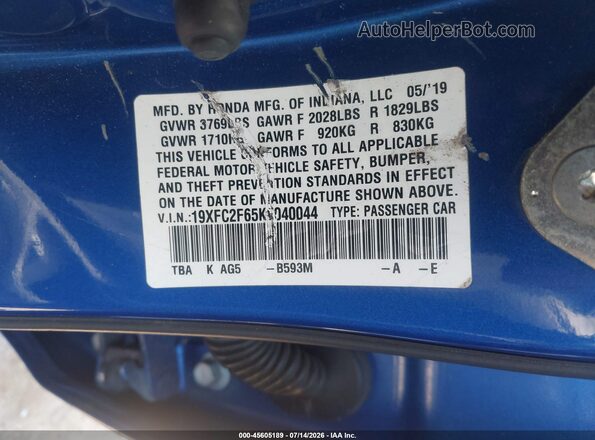 19XFC2F65KE040044 2019 HONDA CIVIC Blue Вид підкапотного простору