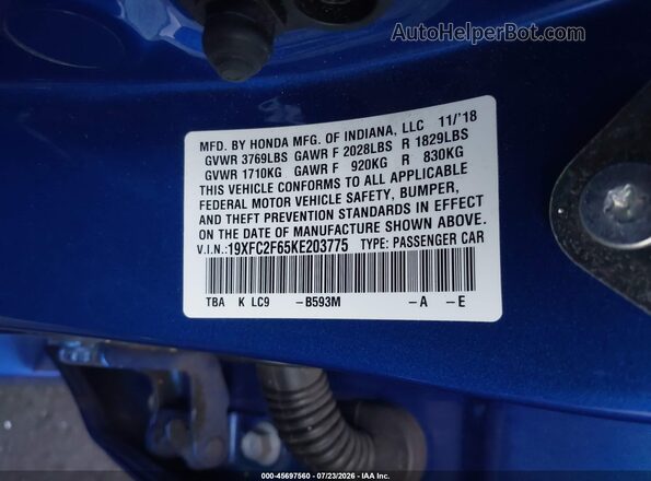 19XFC2F65KE203775 2019 HONDA CIVIC Blue Շարժիչի բաժամունքի տեսք