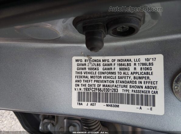19XFC2F66JE001283 2018 HONDA CIVIC Silver Շարժիչի բաժամունքի տեսք