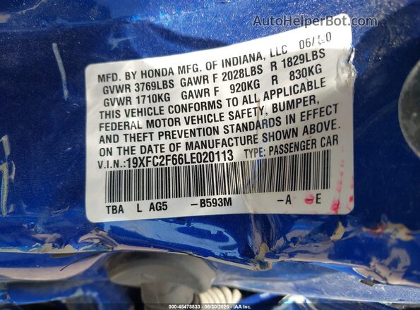 19XFC2F66LE020113 2020 HONDA CIVIC Blue Widok komory silnika