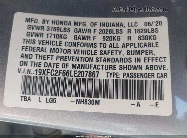 19XFC2F66LE207867 2020 HONDA CIVIC Silver Շարժիչի բաժամունքի տեսք