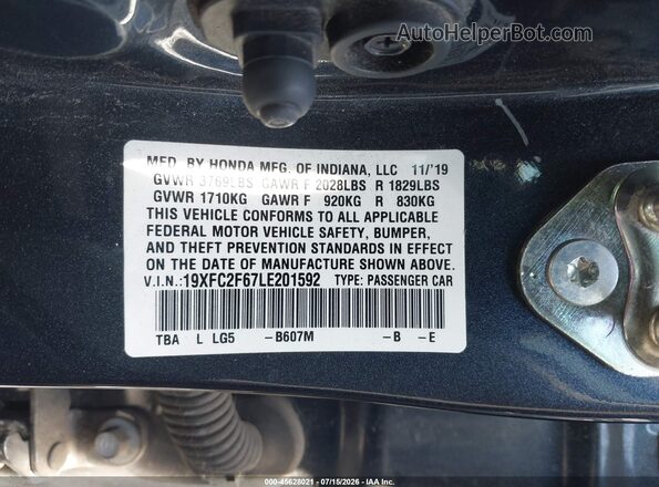 19XFC2F67LE201592 2020 HONDA CIVIC Dark Blue Vista del compartimento del motor