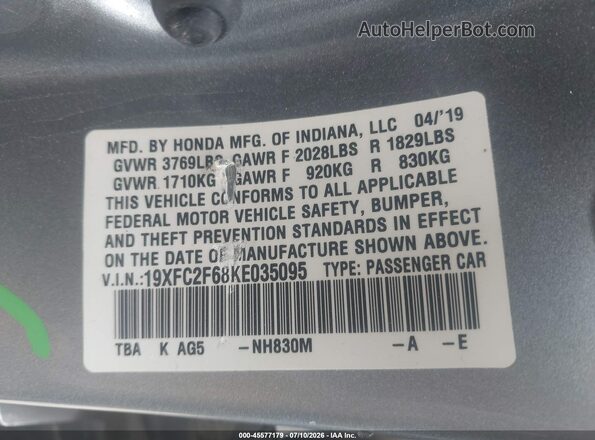 19XFC2F68KE035095 2019 HONDA CIVIC Серебряный Вид подкапотного пространства