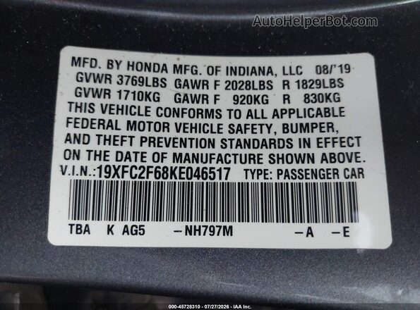 19XFC2F68KE046517 2019 HONDA CIVIC Gray Engine compartment view