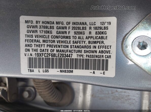 19XFC2F68LE203447 2020 HONDA CIVIC Silver ძრავის განყოფილების ხედი