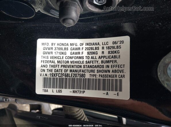 19XFC2F68LE207580 2020 HONDA CIVIC Черный Вид подкапотного пространства