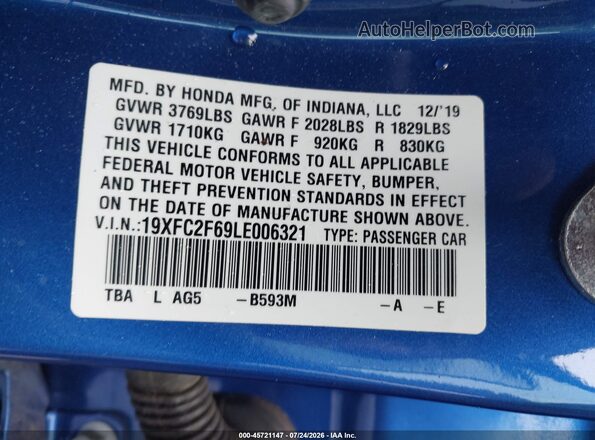 19XFC2F69LE006321 2020 HONDA CIVIC Blue Вид підкапотного простору