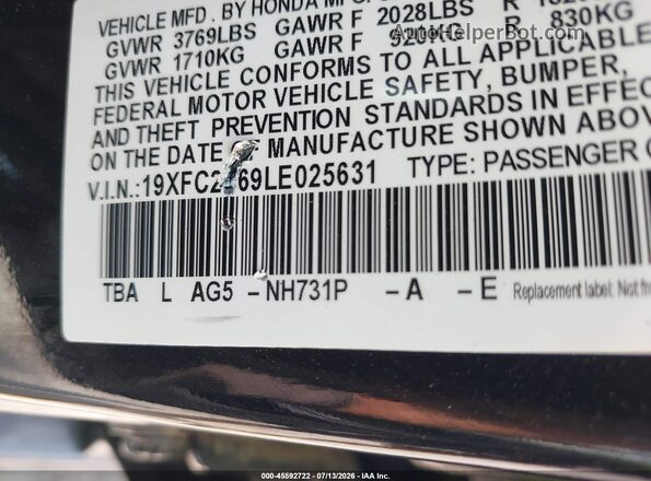 19XFC2F69LE025631 2020 HONDA CIVIC Black Вид підкапотного простору