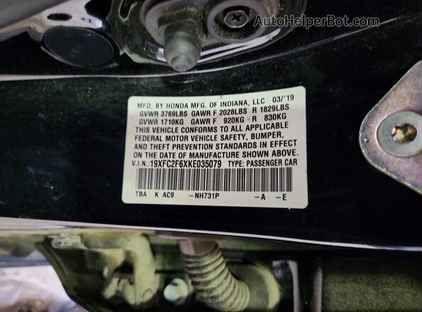 19XFC2F6XKE035079 2019 HONDA CIVIC Black Engine compartment view