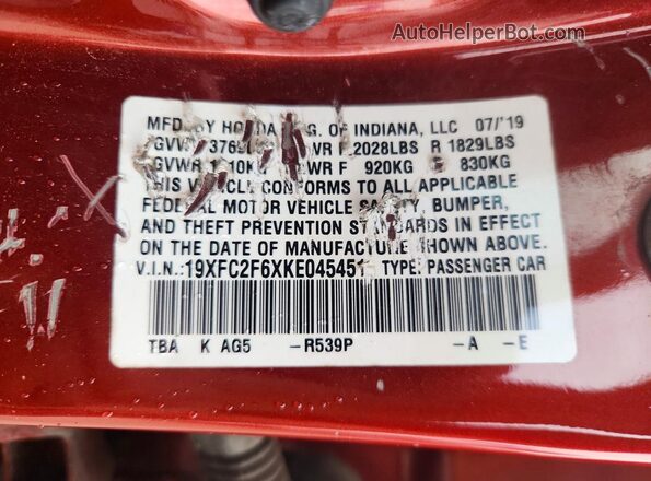 19XFC2F6XKE045451 2019 HONDA CIVIC Red VIN կոդի պիտակի տեսք