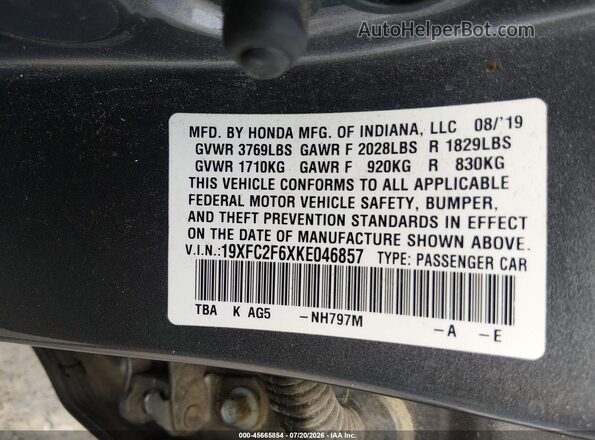 19XFC2F6XKE046857 2019 HONDA CIVIC Серый Вид подкапотного пространства