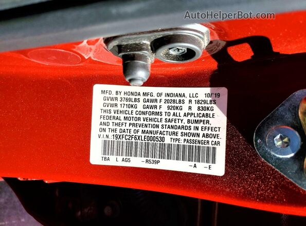 19XFC2F6XLE000530 2020 HONDA CIVIC Red Vista de la etiqueta del VIN