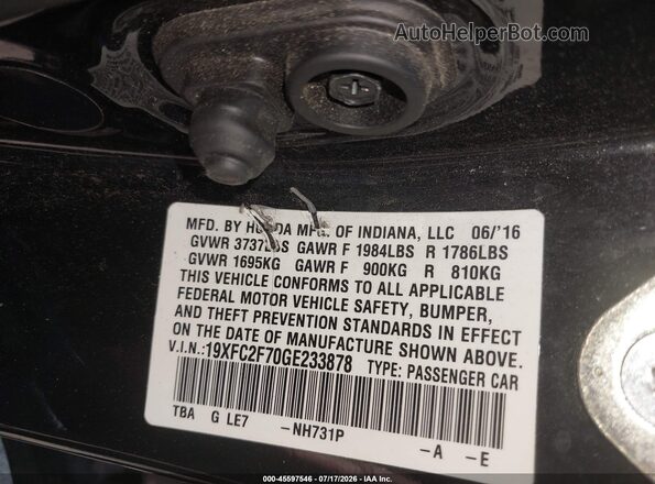 19XFC2F70GE233878 2016 HONDA CIVIC Black Շարժիչի բաժամունքի տեսք