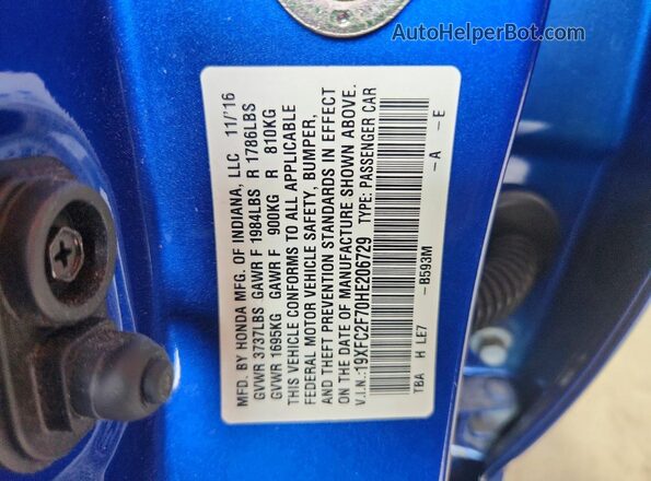 19XFC2F70HE206729 2017 HONDA CIVIC Blue Շարժիչի բաժամունքի տեսք