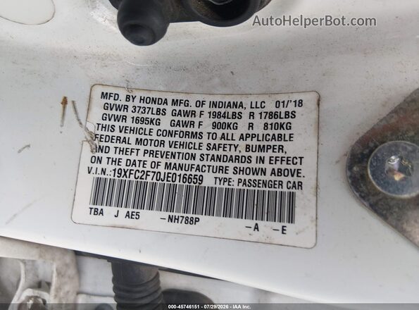 19XFC2F70JE016659 2018 HONDA CIVIC White Widok komory silnika