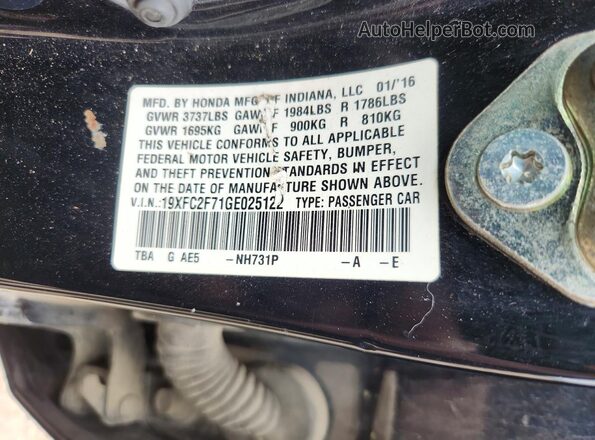 19XFC2F71GE025122 2016 HONDA CIVIC Black VIN sticker view
