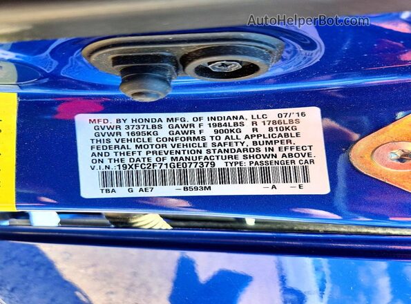 19XFC2F71GE077379 2016 HONDA CIVIC Blue VIN կոդի պիտակի տեսք