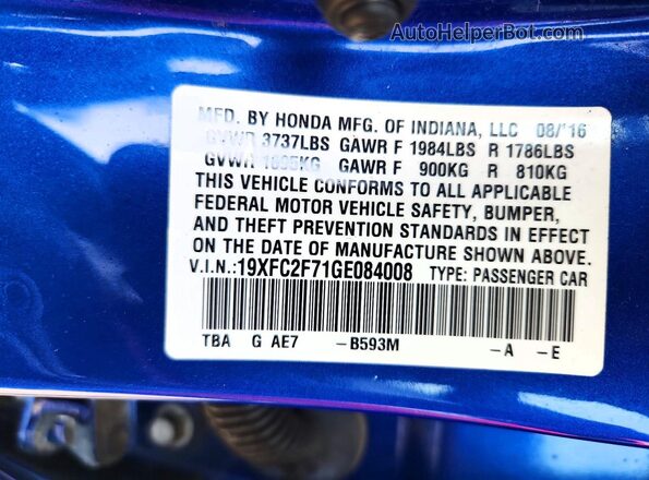 19XFC2F71GE084008 2016 HONDA CIVIC Blue Вид підкапотного простору