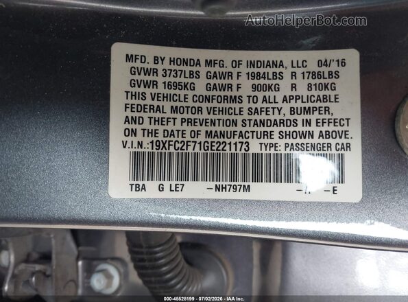 19XFC2F71GE221173 2016 HONDA CIVIC Gray Widok komory silnika
